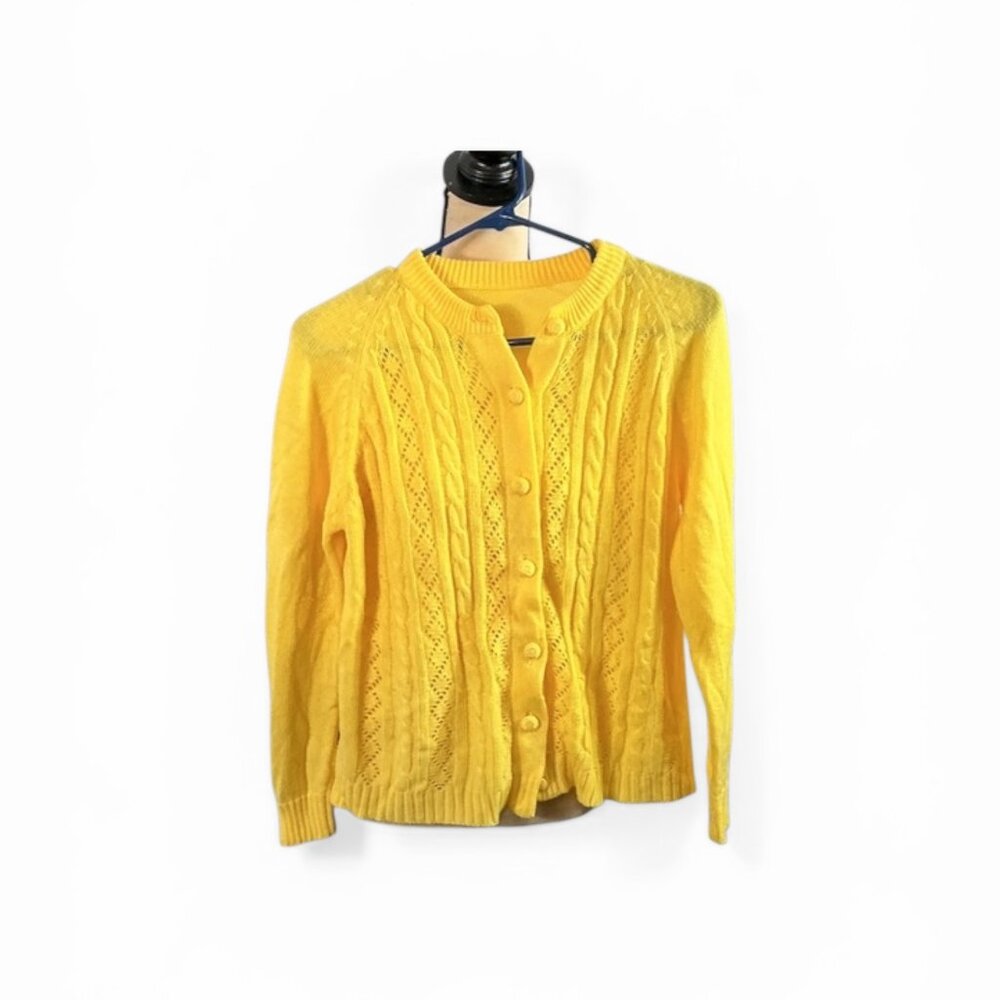 Yellow Cable Knit Cardigan Sweater – Button Front Lightweight (S/M)